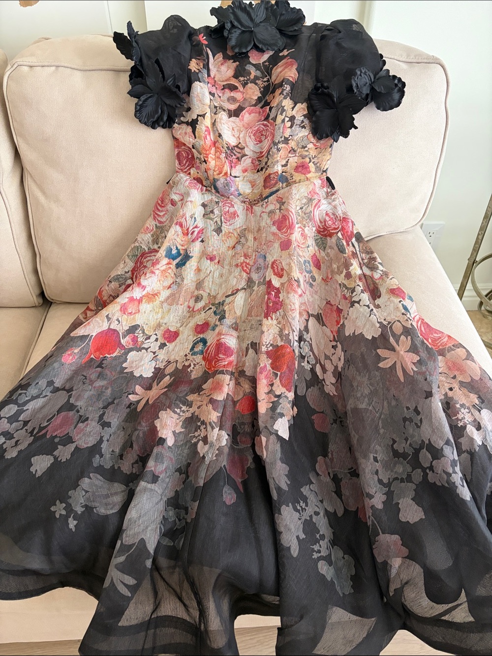 Zimmermann Black Floral Midi Dress with Pink and Cream Bouquet - Picture 1 of 6
